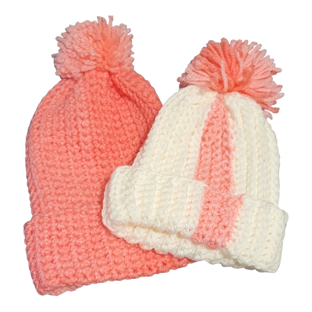 Pink and White Ribbed Knit Beanie Set (S0011)